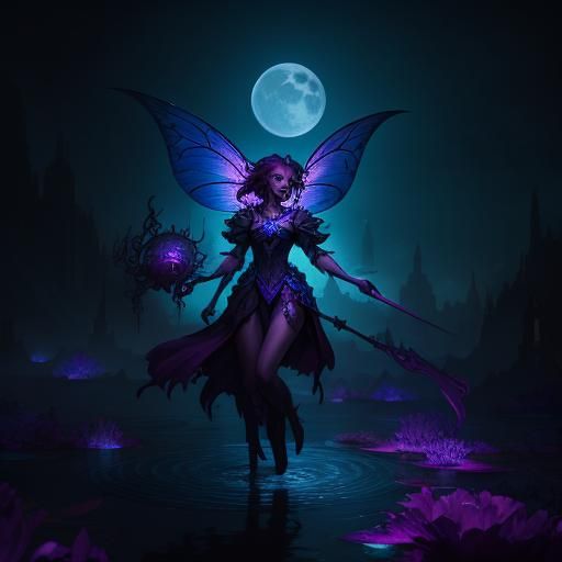 Magenta Fairy Moonbathing in Blue Moonlight