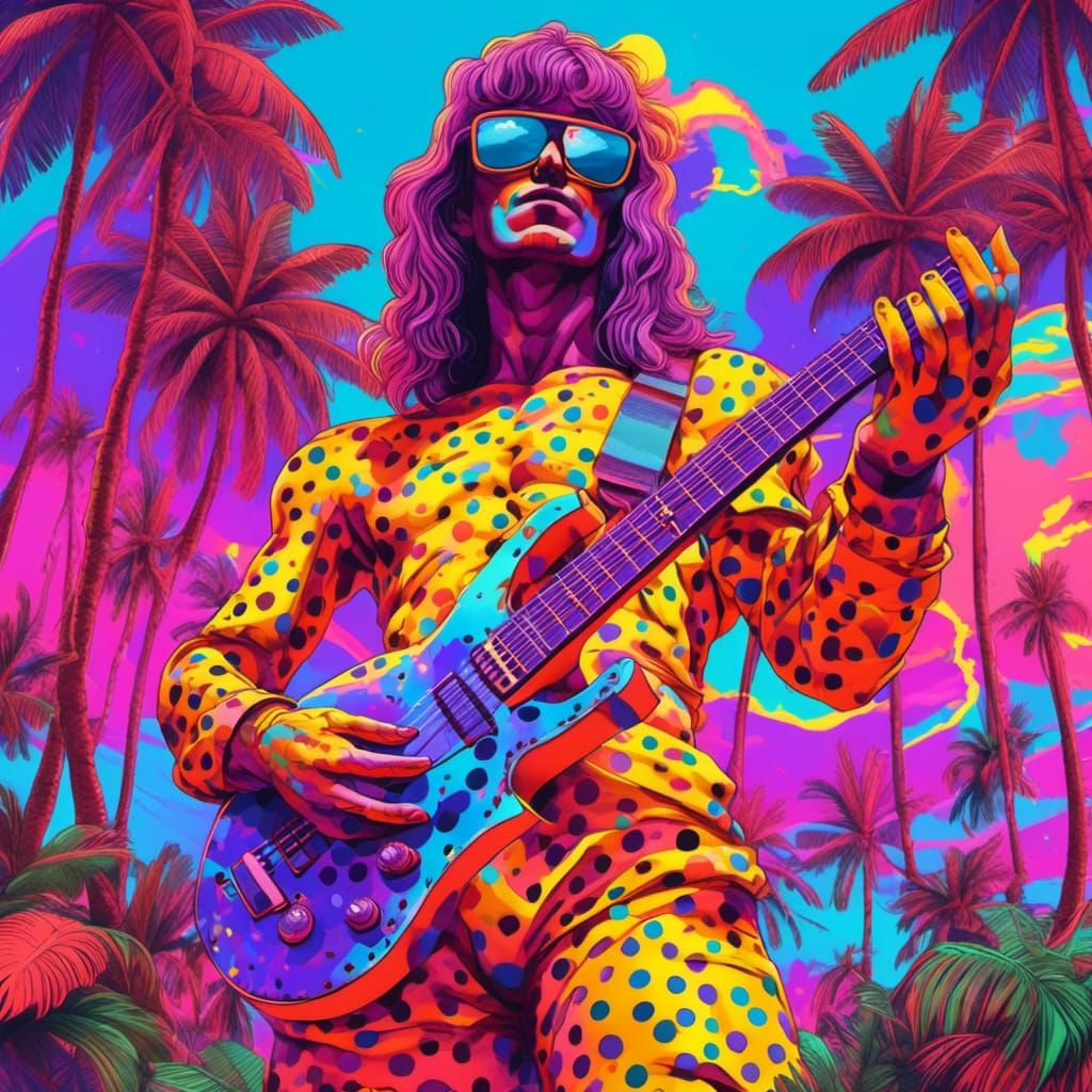 Sculpture in Sunglasses with Neon Guitar, Synthwave Style