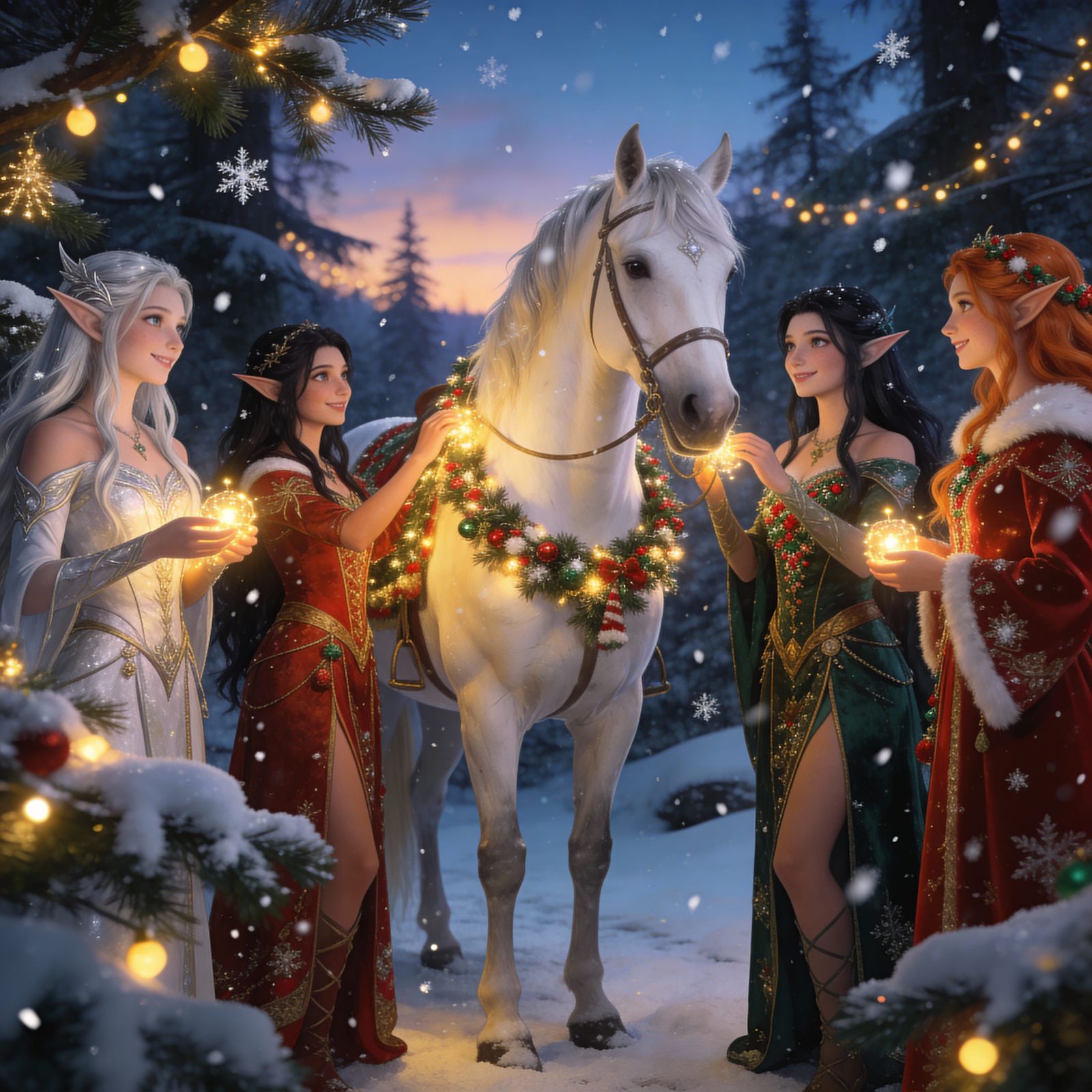 Christmas female Elves with a horse