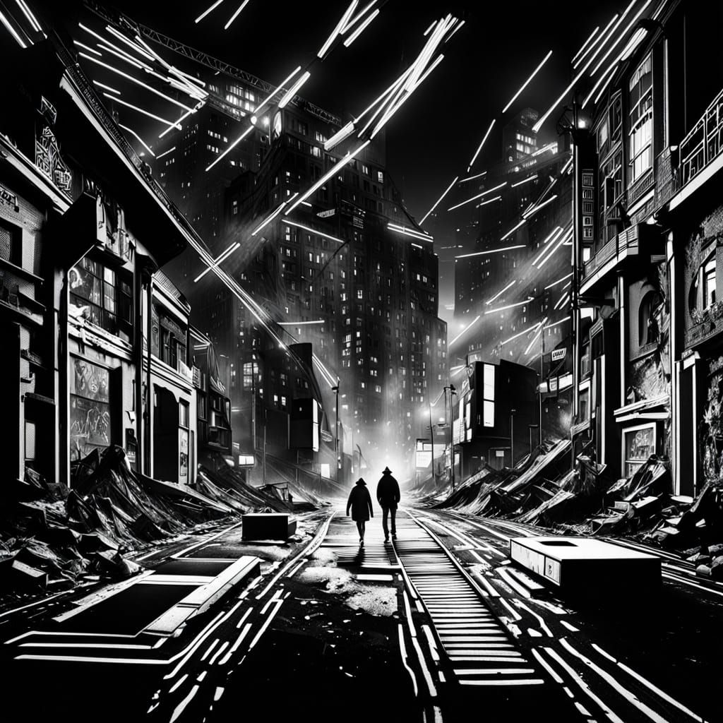 Goth Industrialization Mural in Black and White with Neon Ac...