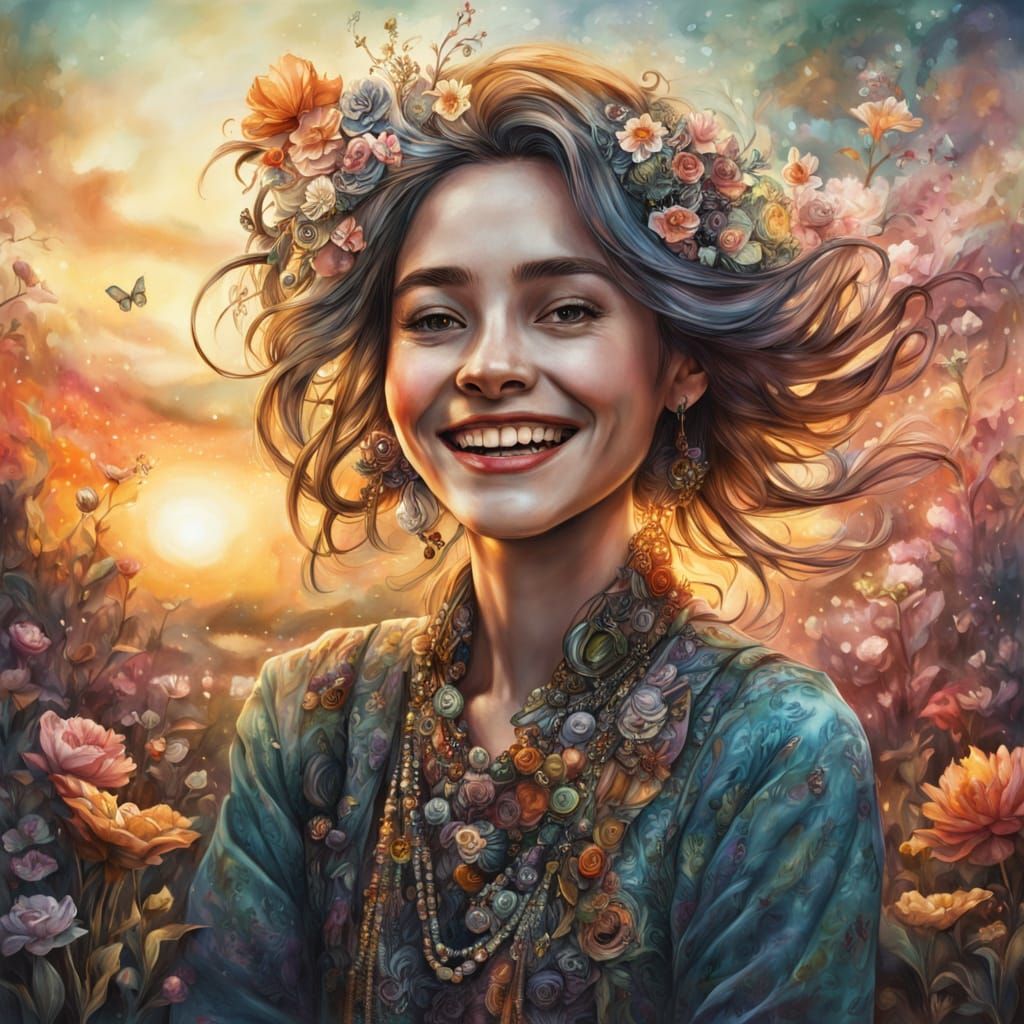 Surreal Portrait of Smiling Woman in Moody Watercolor Style