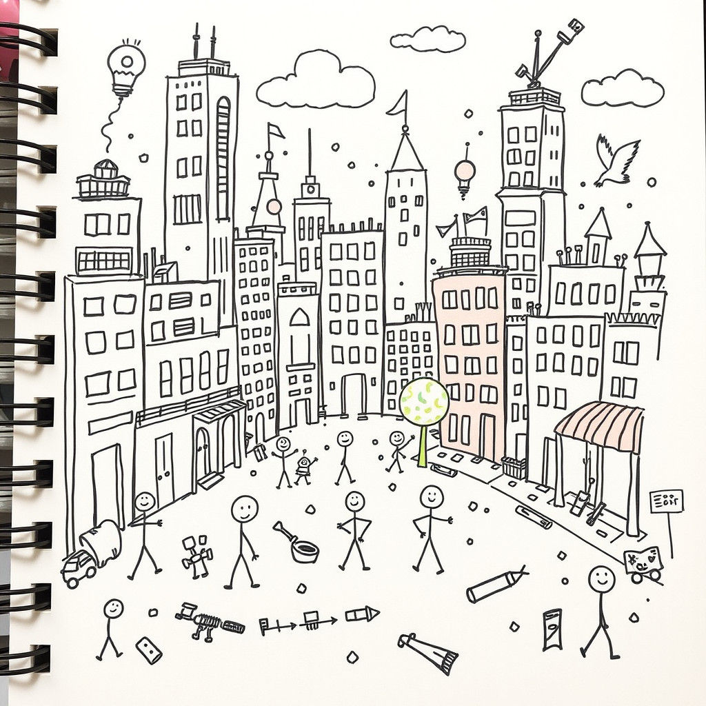 Doodle Cityscape with Playful Stick Figures