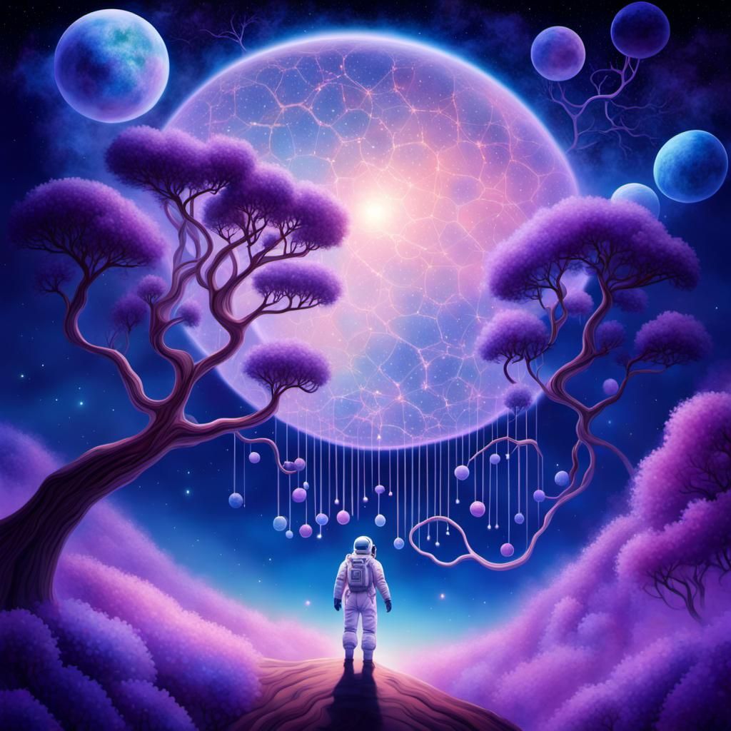 Astronaut Touches Helix Trees in Pastel Space