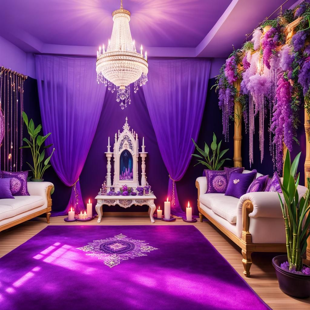 Ethereal purple meditation room with crystals everywhere& amethyst crystal clusters everywhere& purple candles& chandeli...