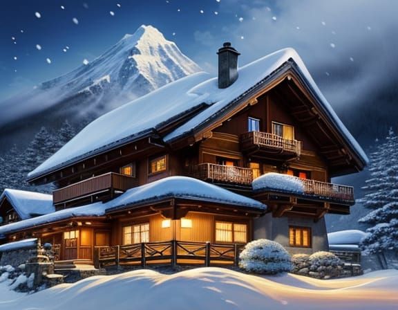 Cozy Swiss Chalet in Snowy Mountains - Anime Style