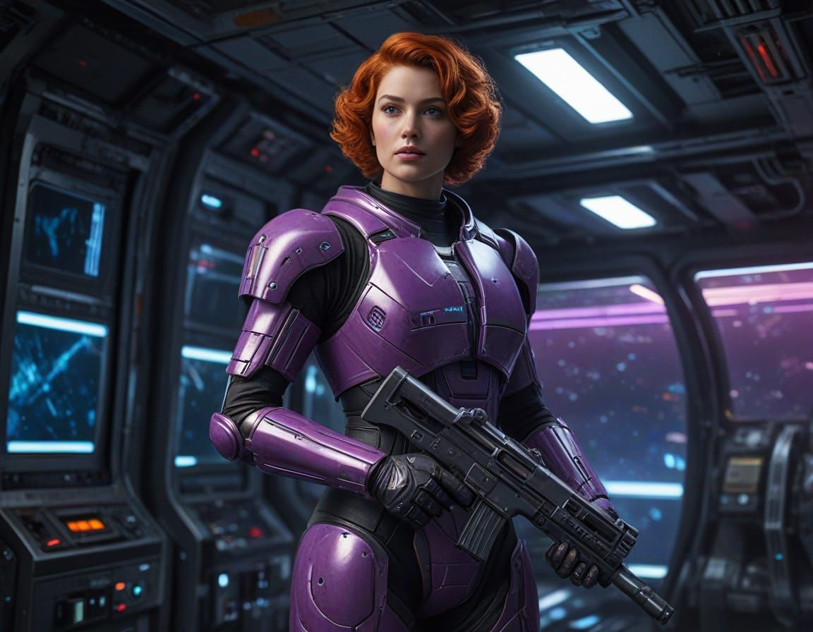 Retrofuturistic Guard in Ceramic Armor with Blaster