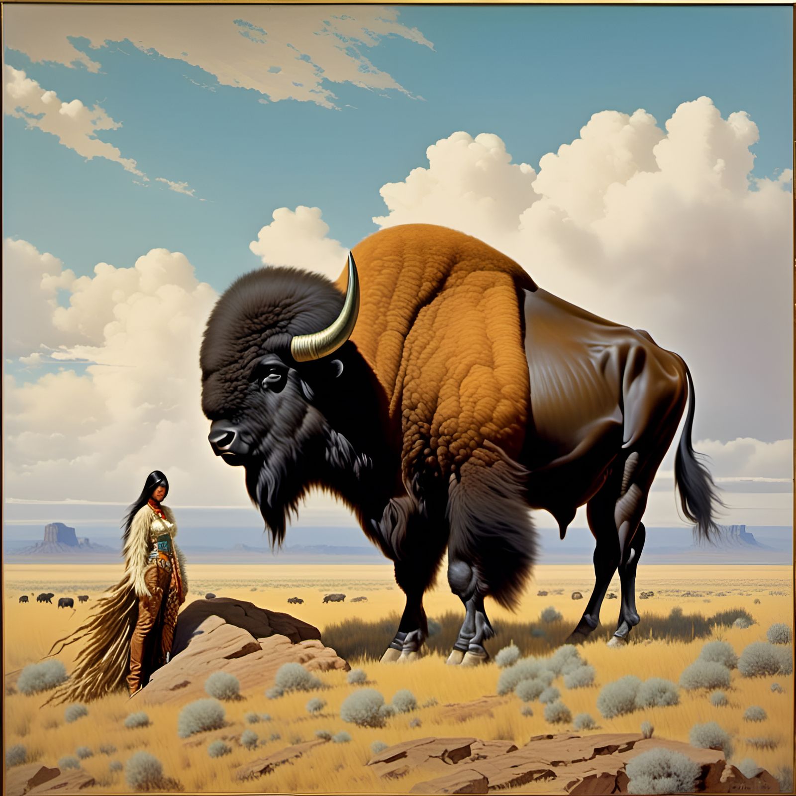 Buffalo and Cowgirl in Plains: Oil Painting