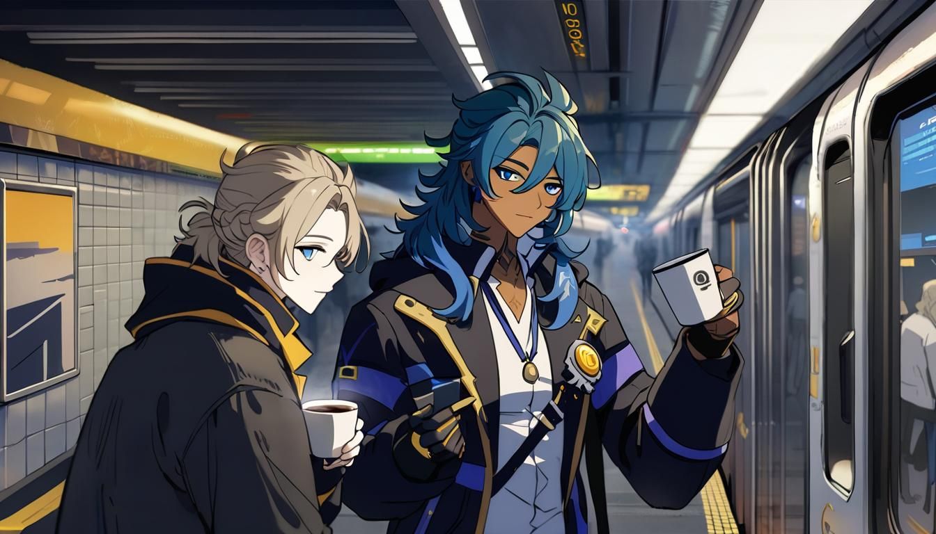Cyberpunk Albedo and Kaeya Enjoying Coffee