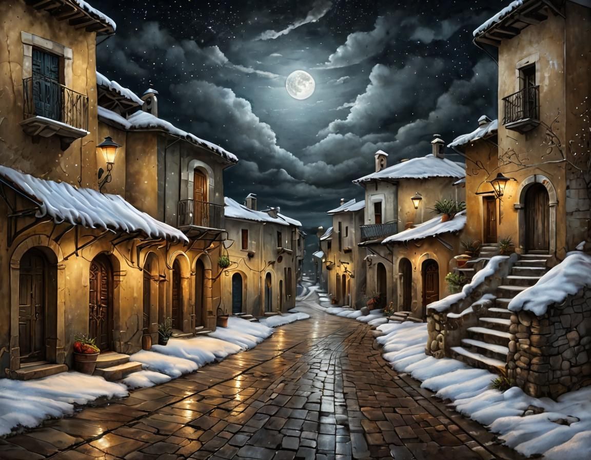 Snowy Mediterranean Town Acrylic Painting Under Starry Moonl...