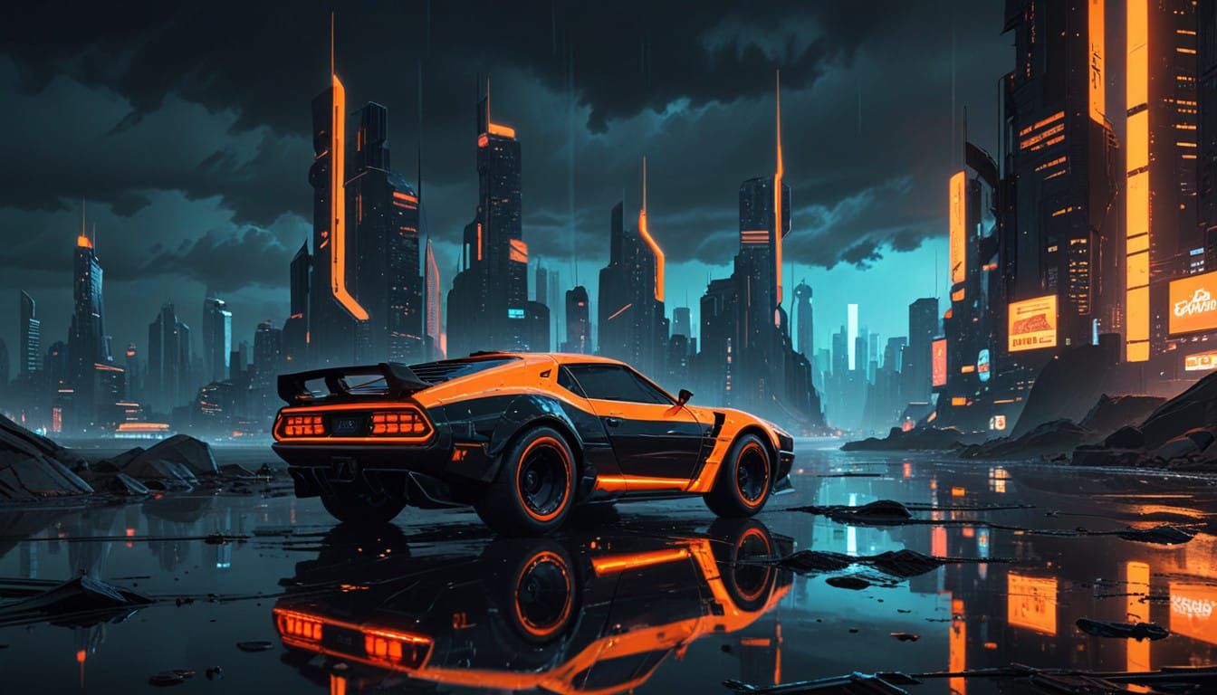 Futuristic Dreamscape in Vibrant Orange and Black