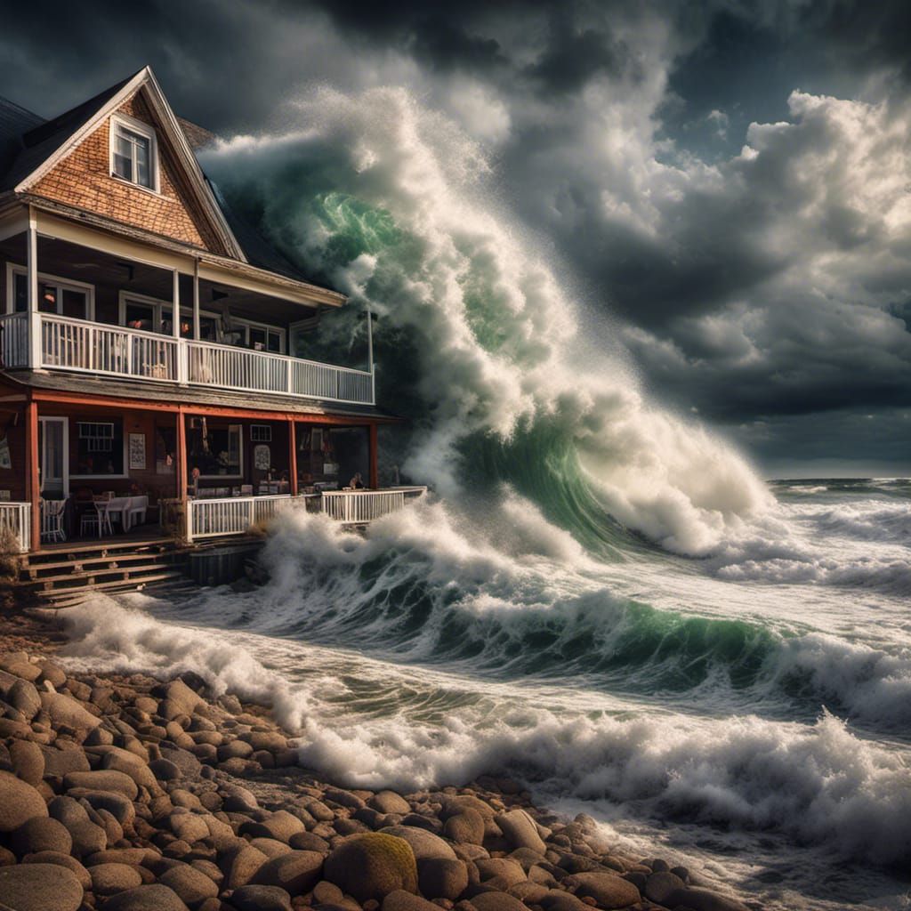 Giant Wave Overwhelms Beach Restaurant in Hyperrealistic Det...