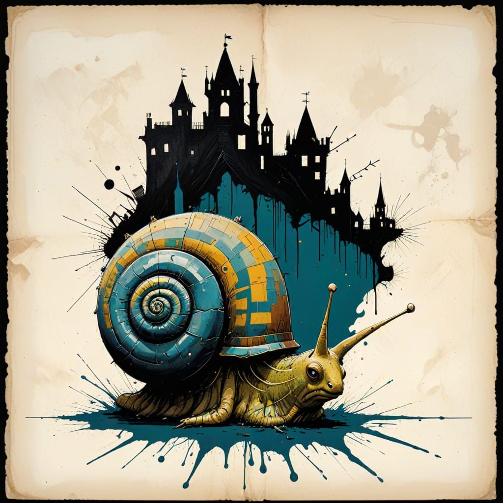 Snail Meets Geometric Cityscape in Whimsical Art