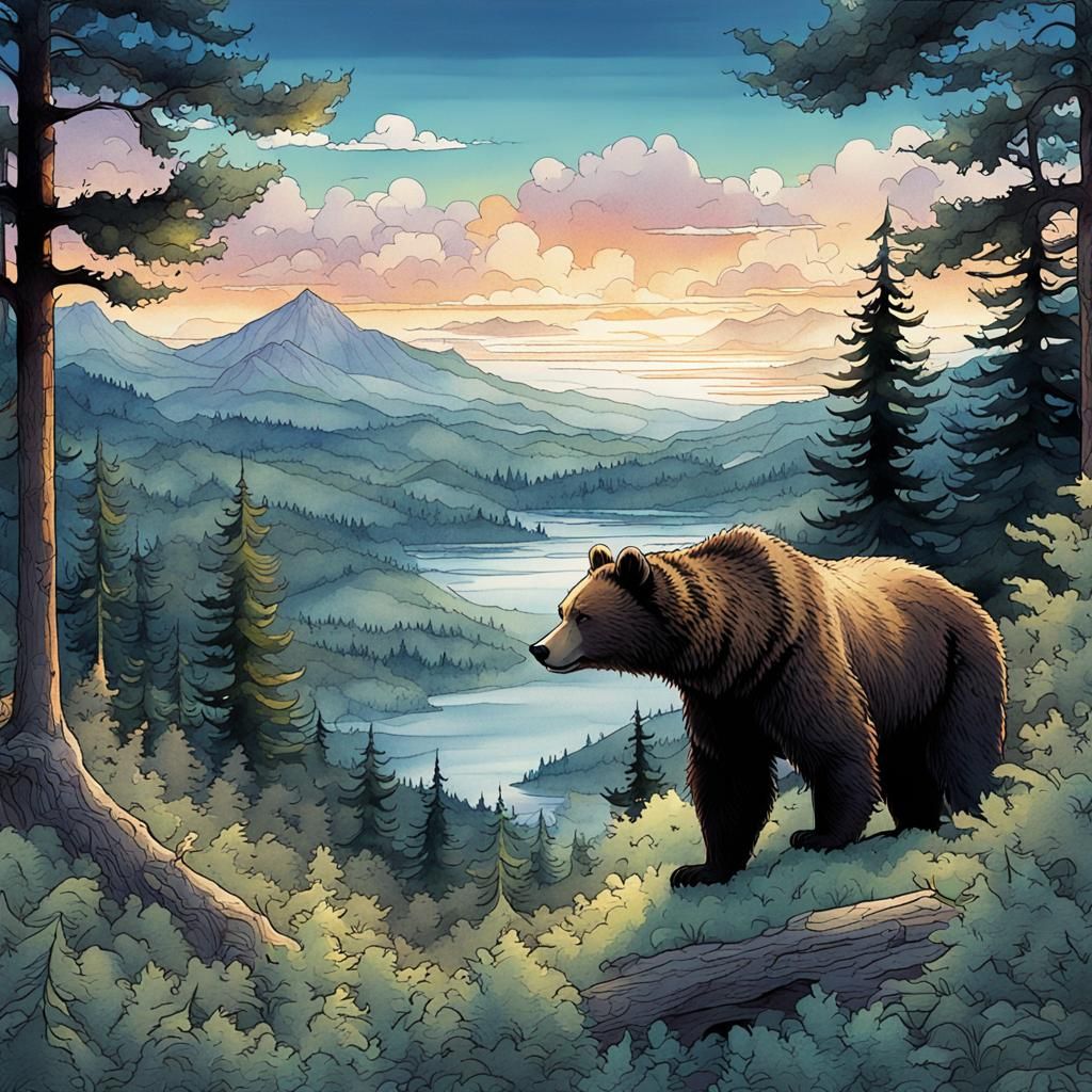 Dawn in Pine Forest with Bear: Watercolour Illustration