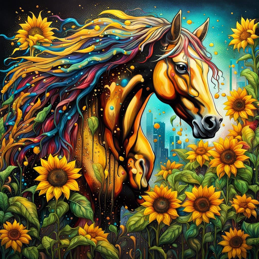 Horse in Enchanted Sunflower Field: Graffiti Art
