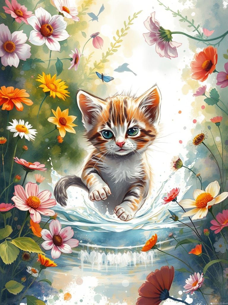Surreal Garden Kitten in Vibrant Floral Oasis
