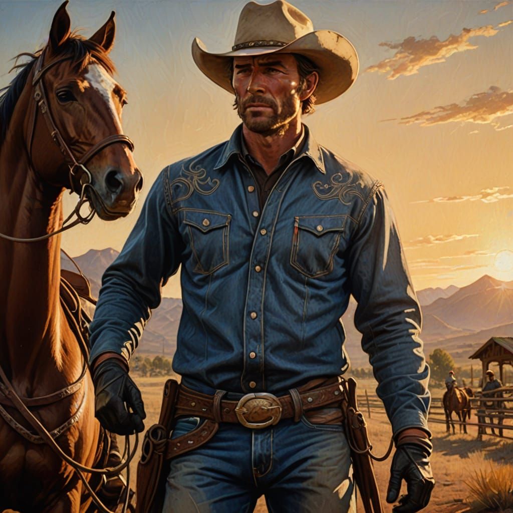 Cowboy with Lasso in Vibrant Western Oil Painting