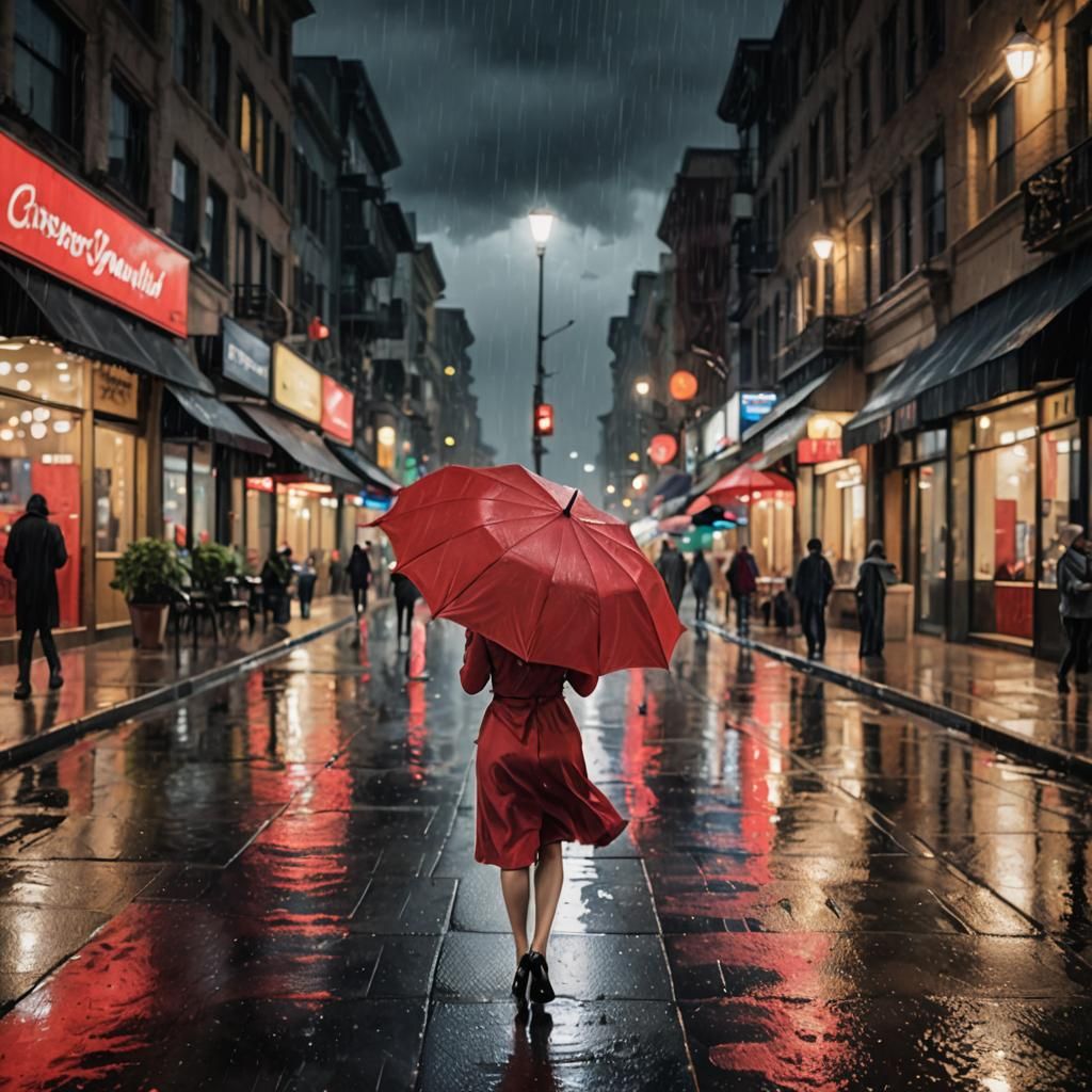 Woman in Red Dress Walks in Rainy City: Impressionism