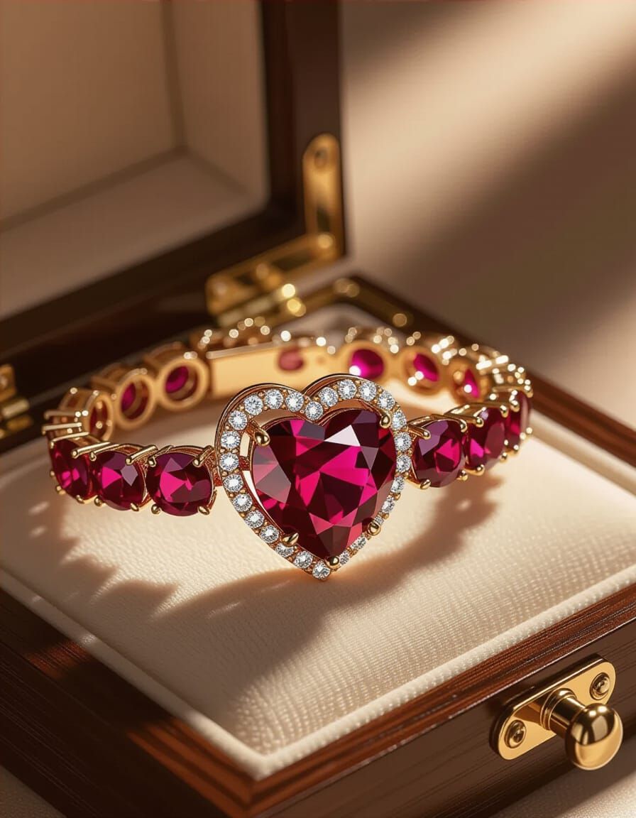 Intricate Ruby and Diamond Heart Bracelet in 3D Style