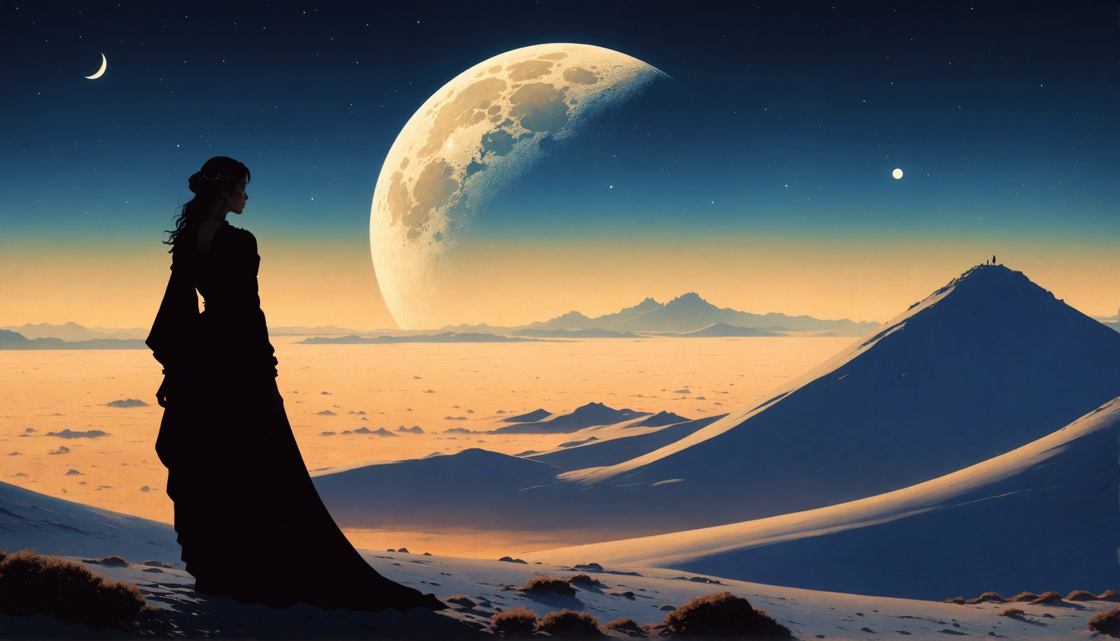 Double Exposure Silhouette on Moonlit Desert World