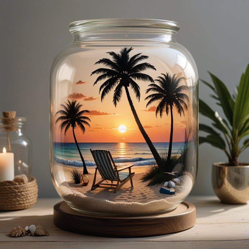 A Tropical Sunset Scene in a Glass Jar