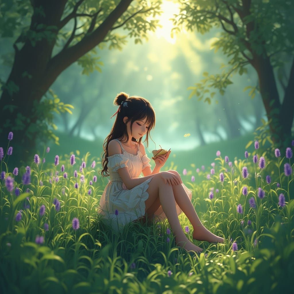 Anime Girl Relaxing in Lavender Field 3D Art