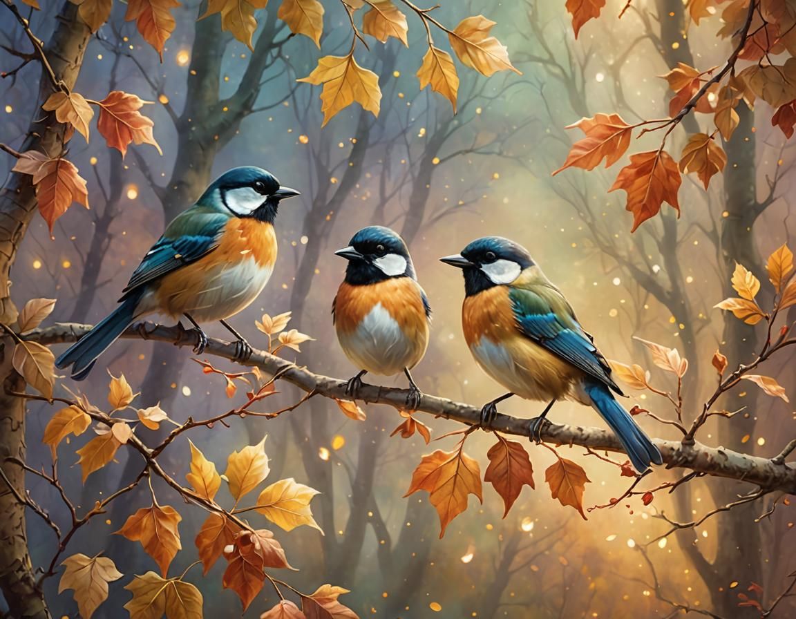 Songbirds on Autumn Branch in Kinkade Style