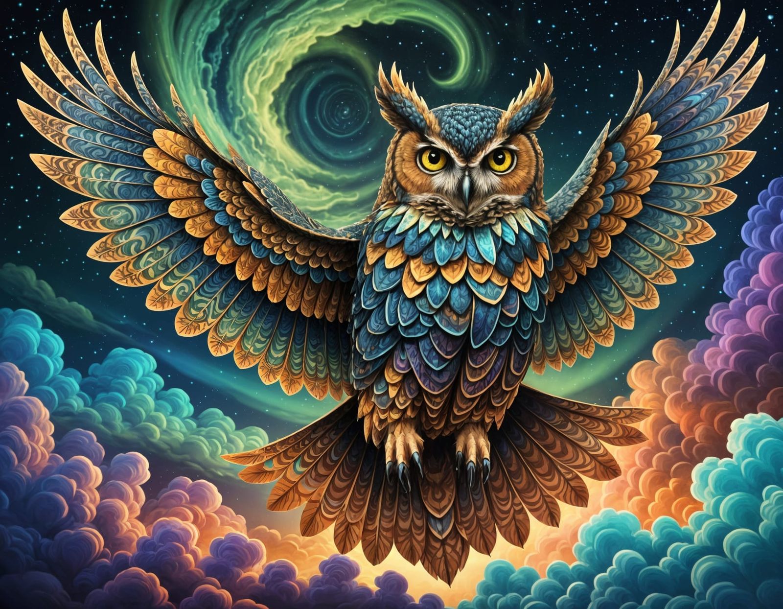 Majestic Owl Emerges from Whirling Stormy Skies