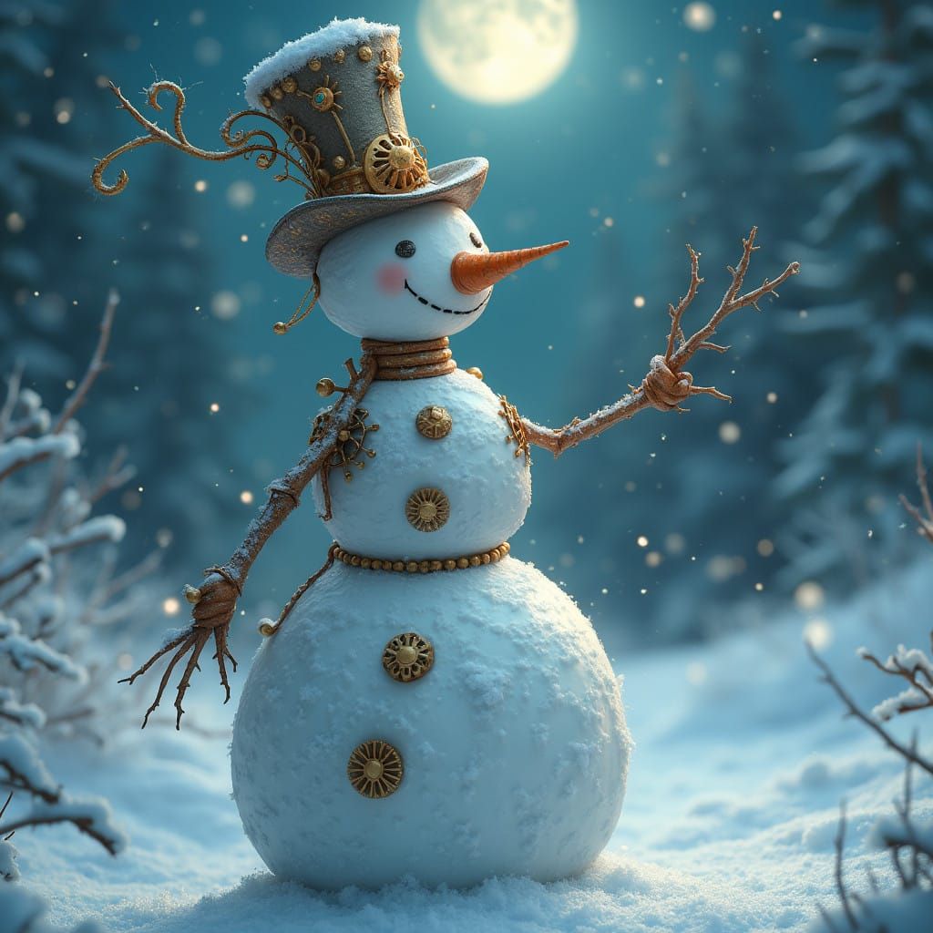 Ethereal Steampunk Snowman in Moonlit Winter Wonderland