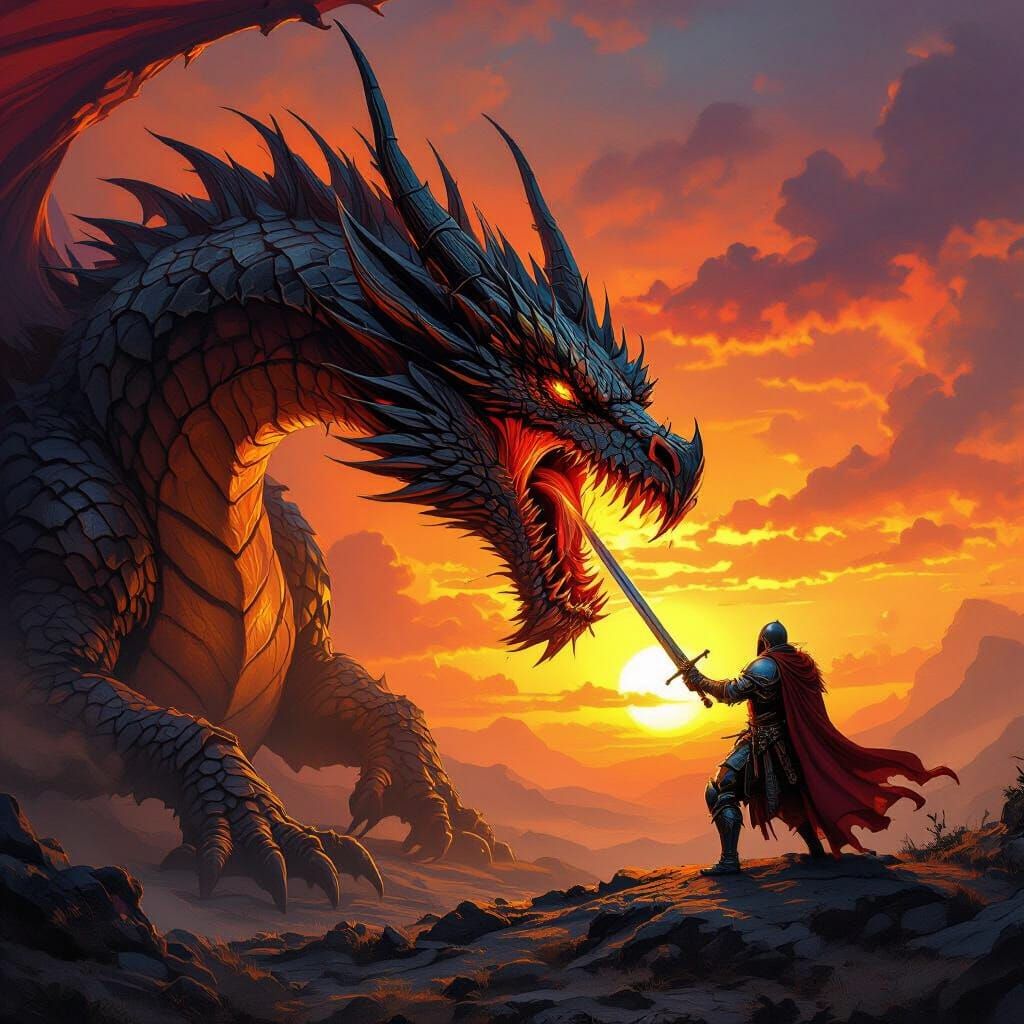 Dragon Devouring Knight at Fiery Sunset