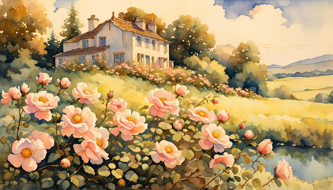 Watercolor Landscape with Wild Roses in Anime Style