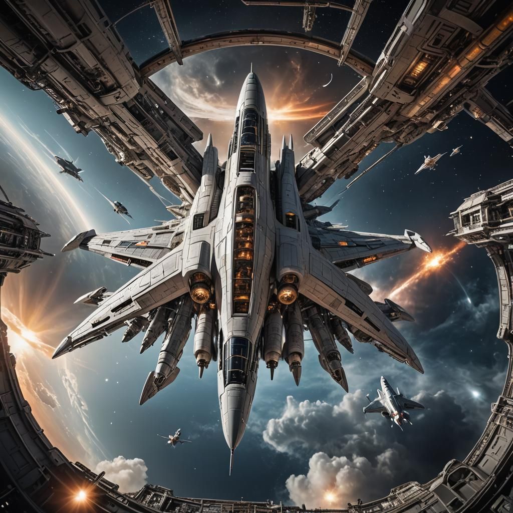 Hyperrealistic Starship Soaring Through Atmospheric Scene