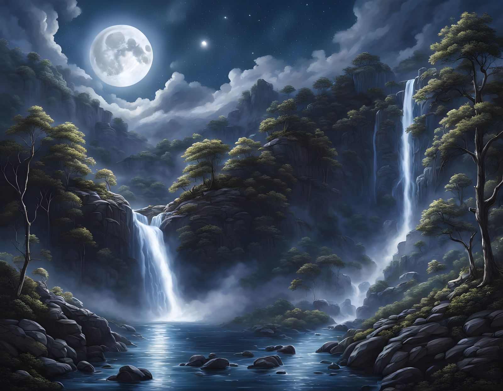 Moonlit Waterfall Cascades Down Rugged Cliffs in Hyperrealis...