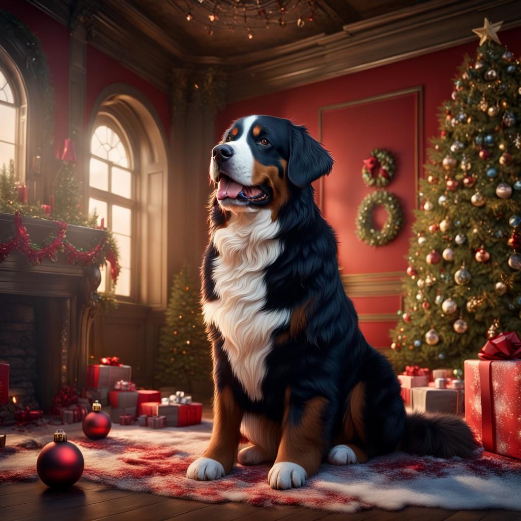 Bernese Mountain Dog in Christmas Room