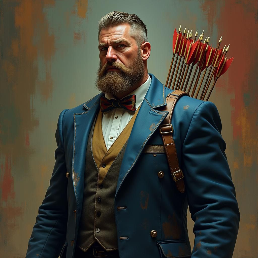 Stocky Man with Harp Bow Tie in Industrial Sci-Fi Style