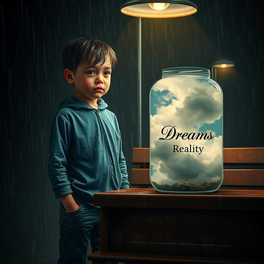 Boy with Dreams and Reality Jars in Rain