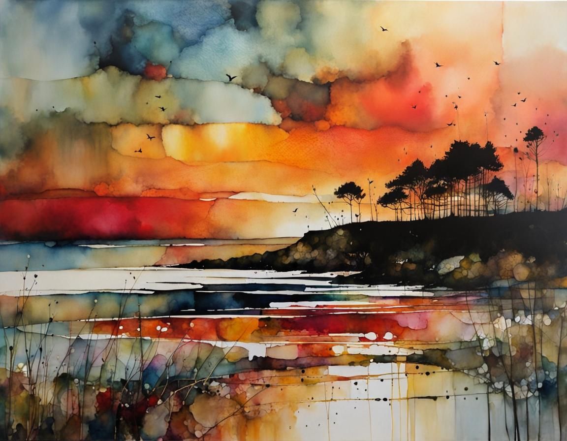 Alcohol Ink Sunset Beach: Encaustic Painting Style
