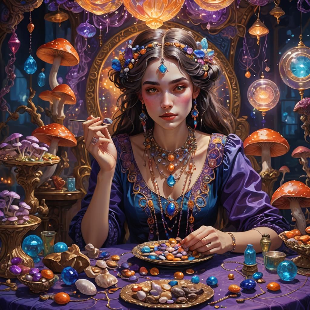 Fantasy Woman Eats Pills in Dreamlike Setting