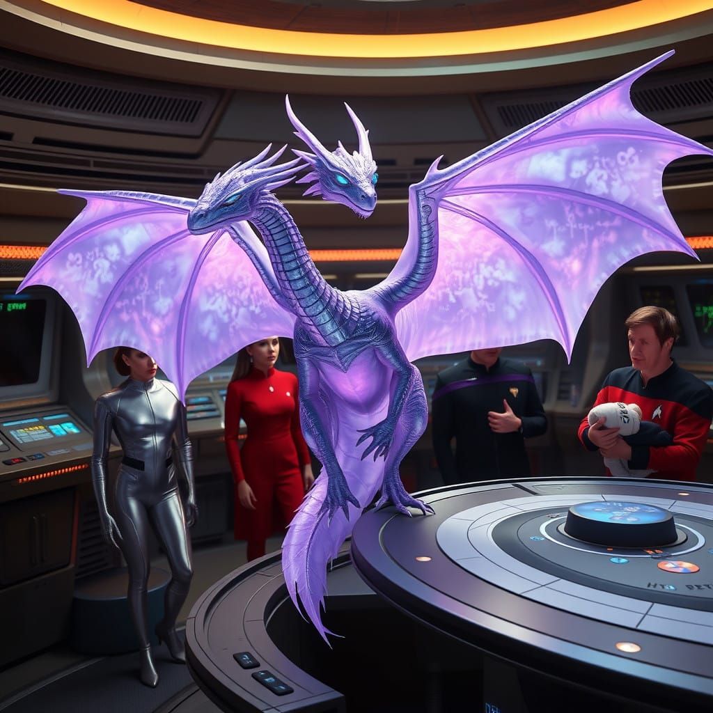 Ethereal Dragon Perched on Starship Enterprise Bridge