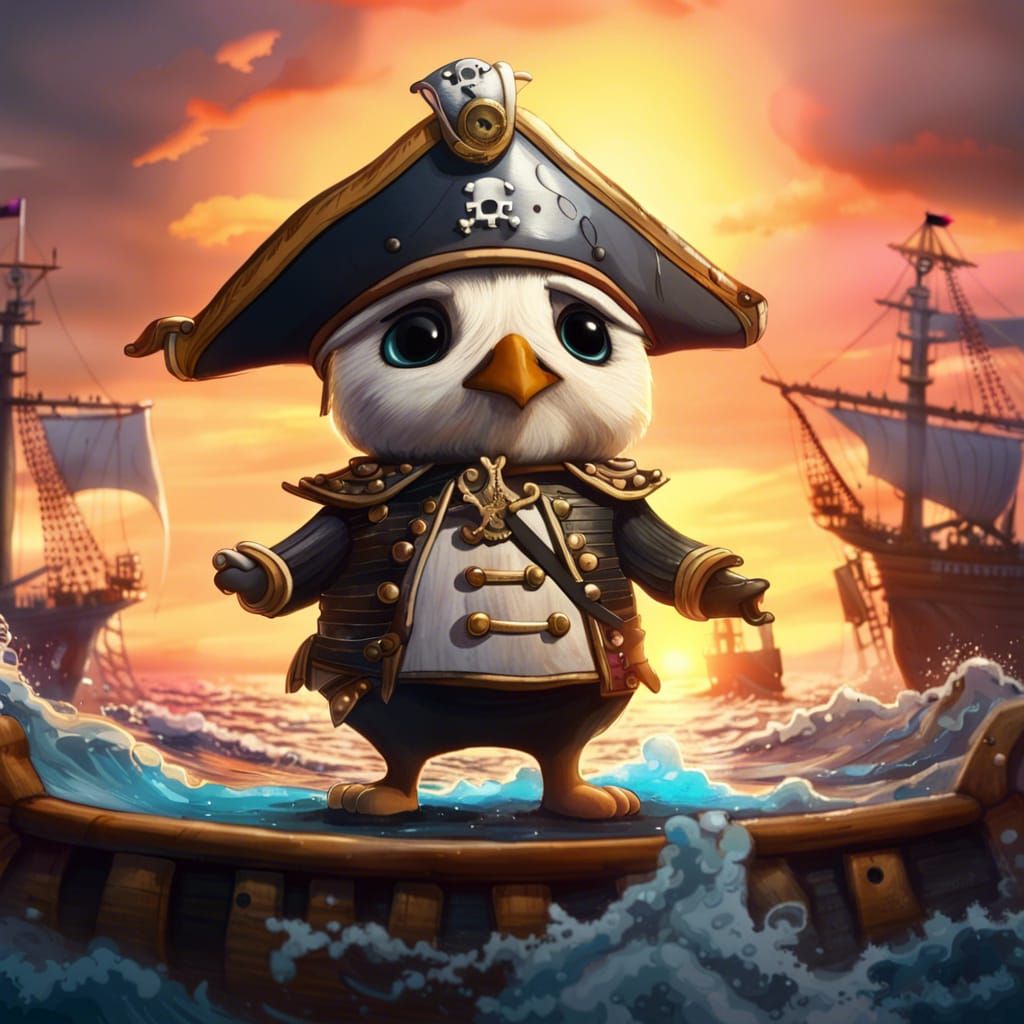 Penguin Pirate on a Giant Ship at Sunset