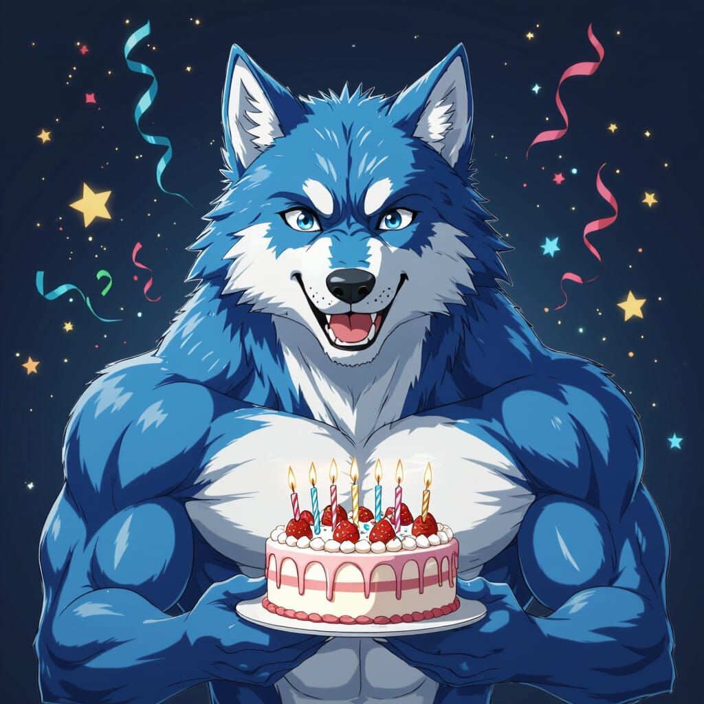 Anime Wolf Celebrates Birthday with Cake