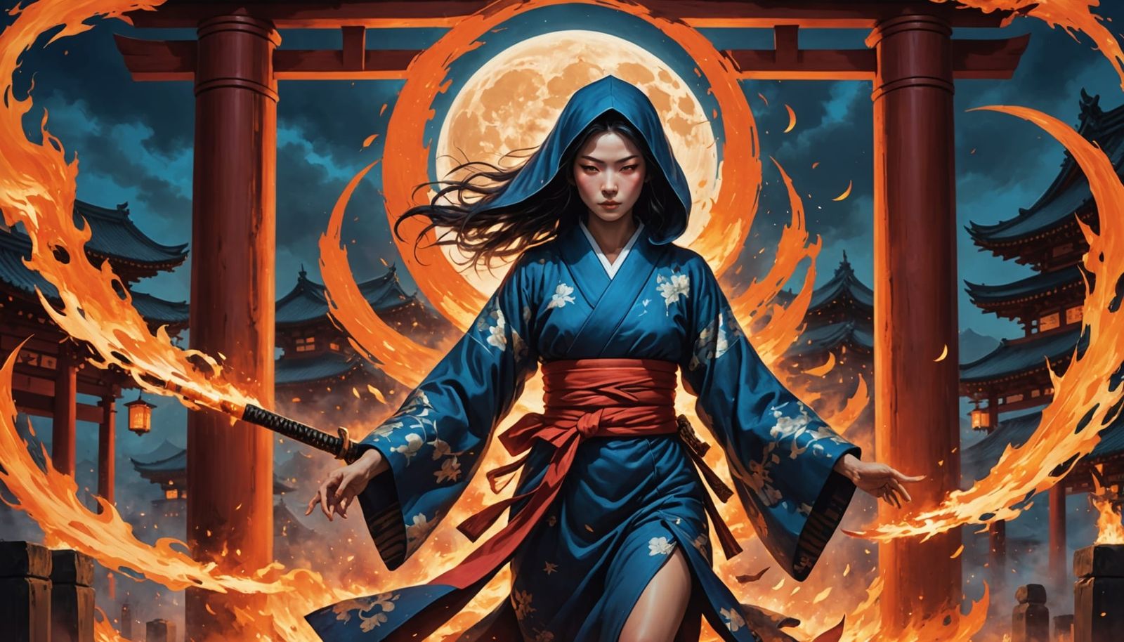 Woman Runs Through Burning Gates Under Moon