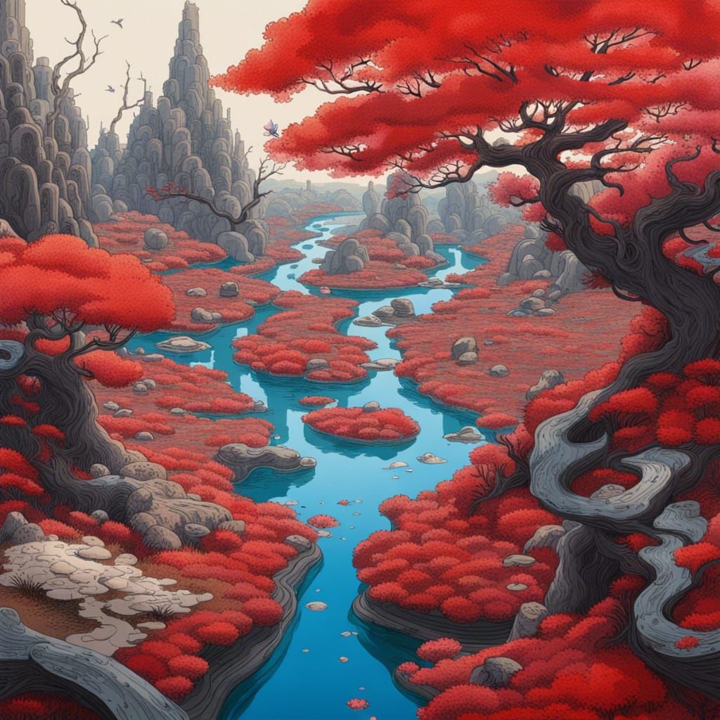 Intricate Landscape with Bog and Sakura Trees