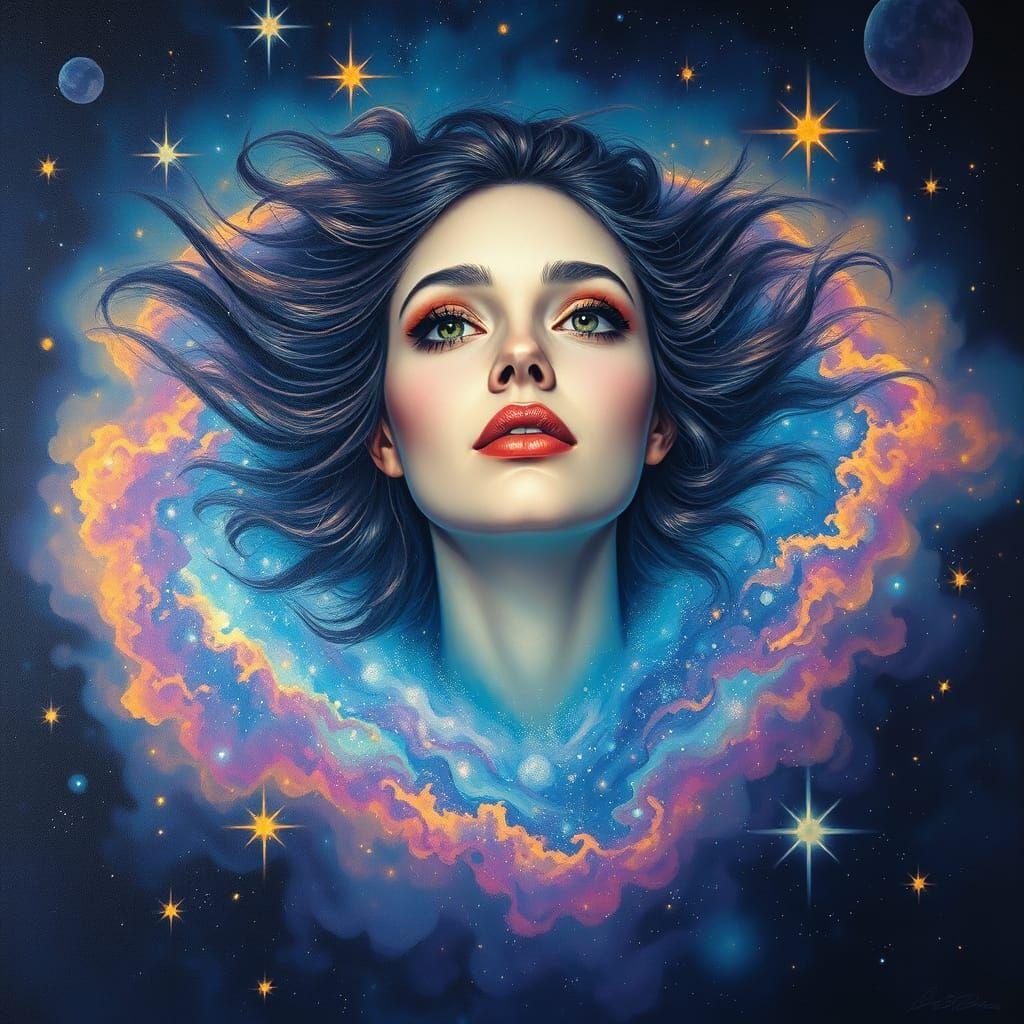 Cosmic Woman in Space: Surrealist Oil Painting