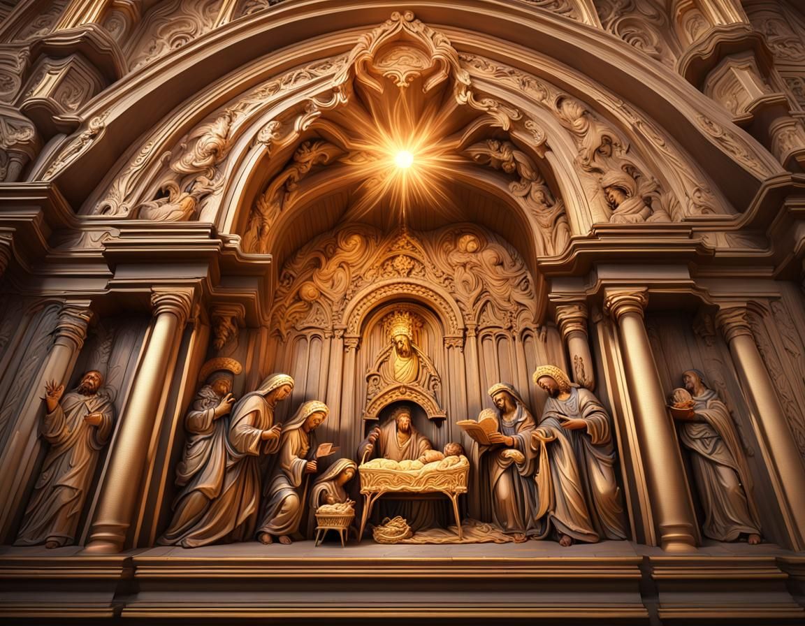 Ornate Baroque Wood Carving of The Nativity Scene