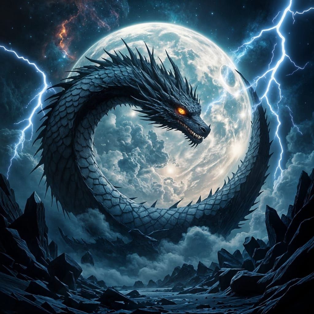 Obsidian Dragon Coiled Around Shattered Moon