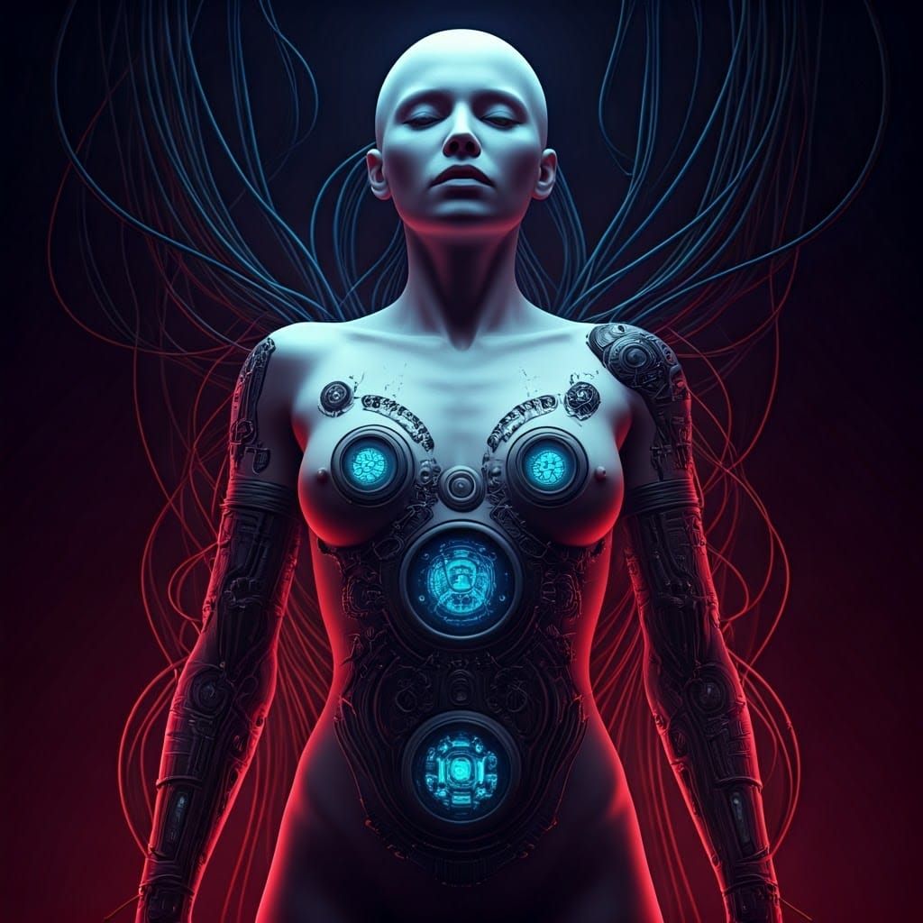 Biomechanical Fusion: Woman and Bio-Computers in Double Expo...