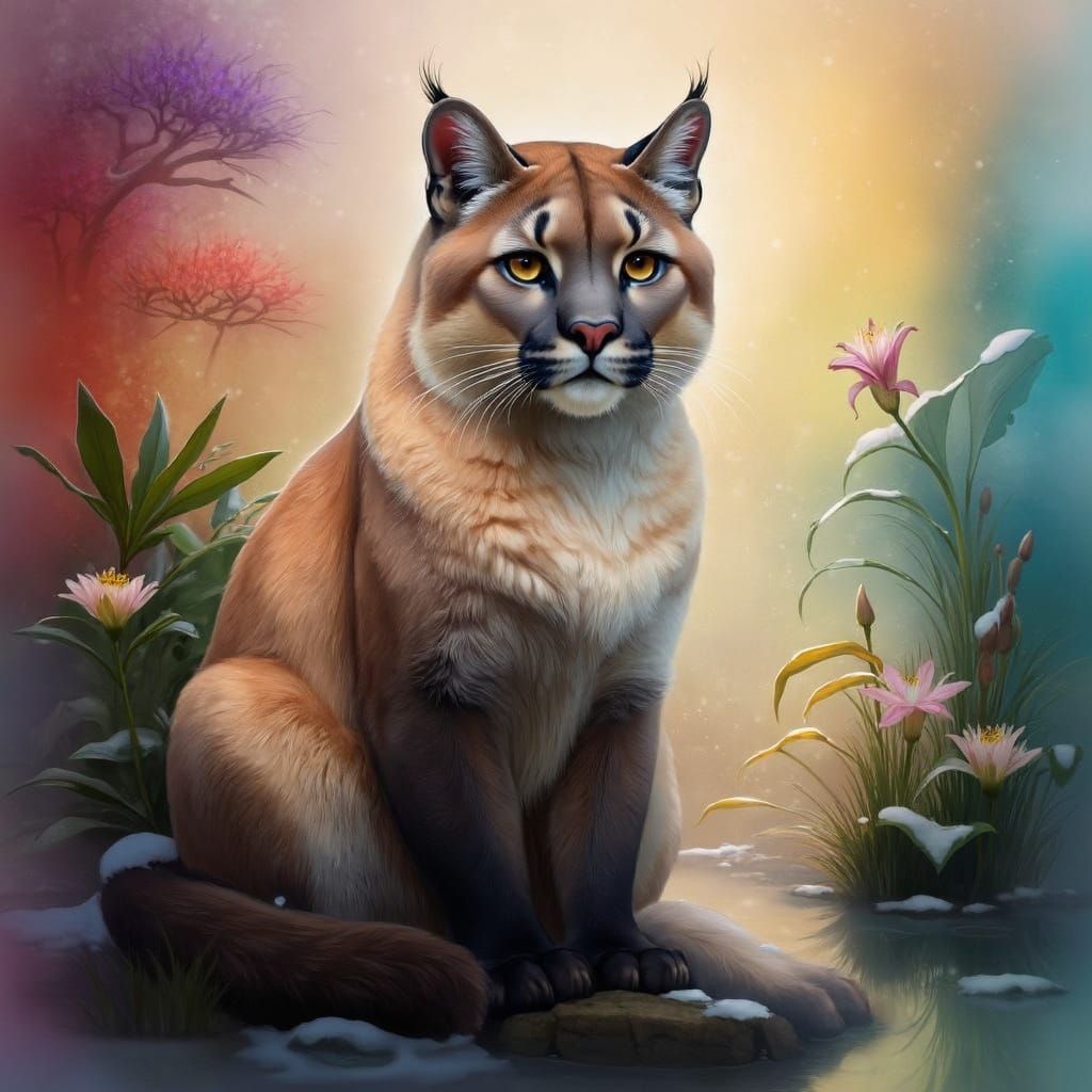 Vibrant Winter Cougar by a Serene Lily Pond