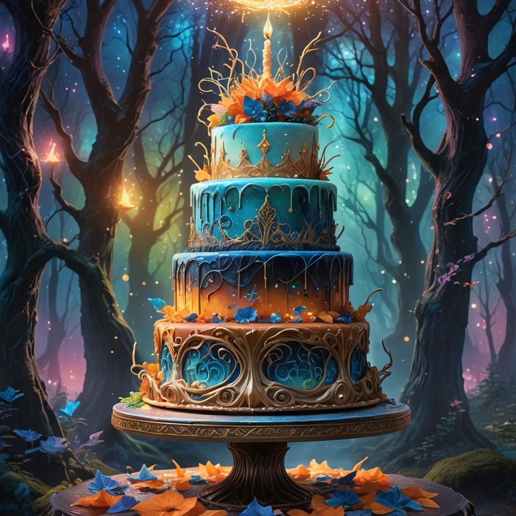 Mystical Cake in Ethereal Forest: Fantasy Art