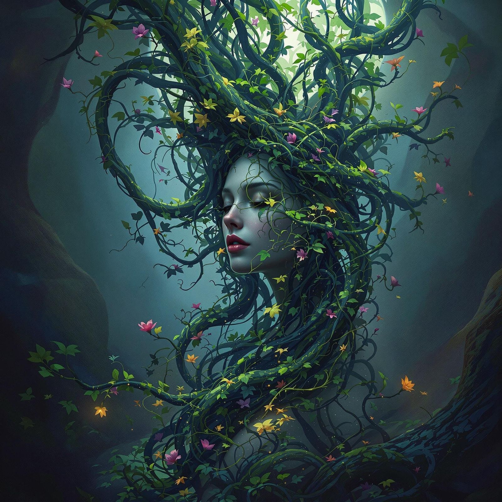 Enchanted Human Surrounded by Vines in a Mystical Realm