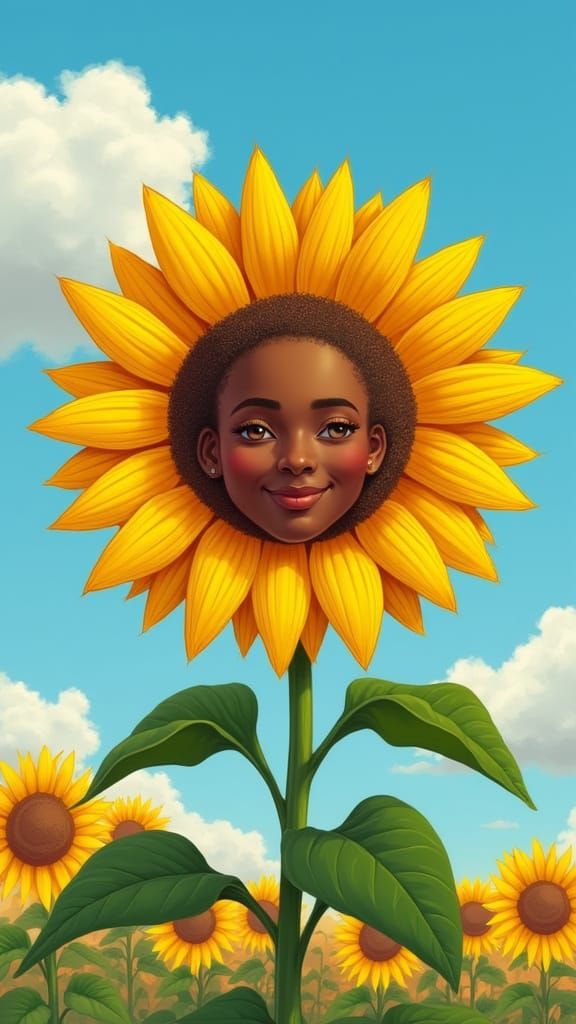 Sunflower with Gentle Human Face in Vibrant Style